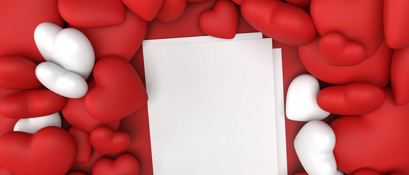 Red and White Hearts photo for mockup Valentines Day and a White A4 Blank Paper Photo