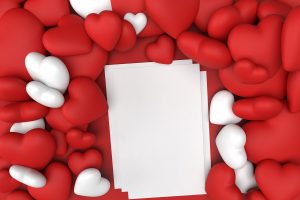Red and White Hearts photo for mockup Valentines Day and a White A4 Blank Paper Photo