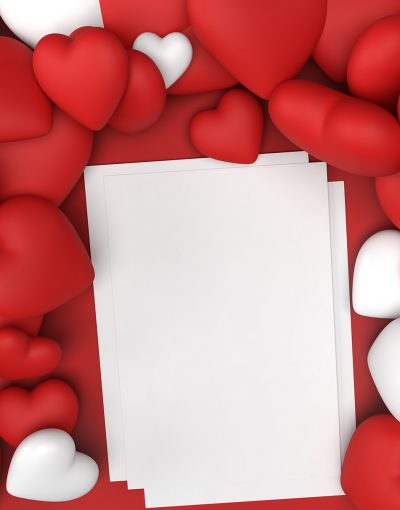 Red and White Hearts photo for mockup Valentines Day and a White A4 Blank Paper Photo