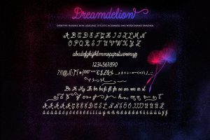 Dreamdelion hand drawn script font glyphs alternates ligatures and swashes