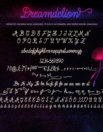 Dreamdelion hand drawn script font glyphs alternates ligatures and swashes
