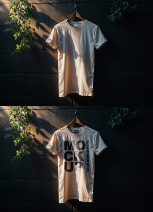 T-shirt Mockup on a Black Wall with Natural Plants